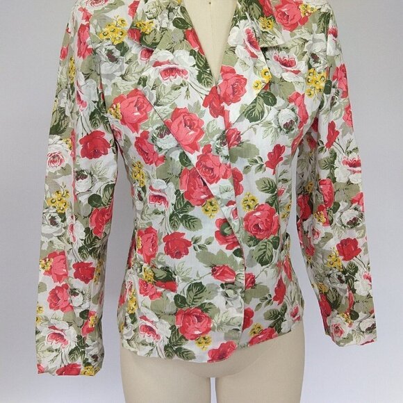 Judy Knapp Vintage Floral Print Blazer Size S M Cabbage Rose Cottage Grandma - Picture 3 of 10
